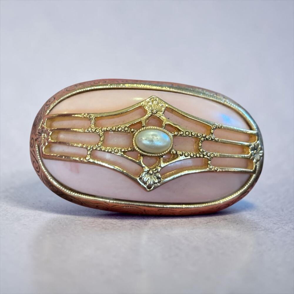 1928 Jewelry Co Art Nouveau Pink Glass Faux Pearl Brooch Gold Tone Vintage Pin